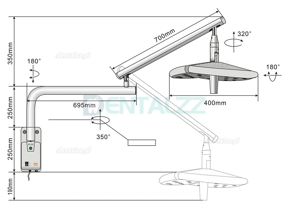 KWS KD-2036B-4 Lampa Operacyjna Stomatologiczna LED 80W Ścienna Bez cieni